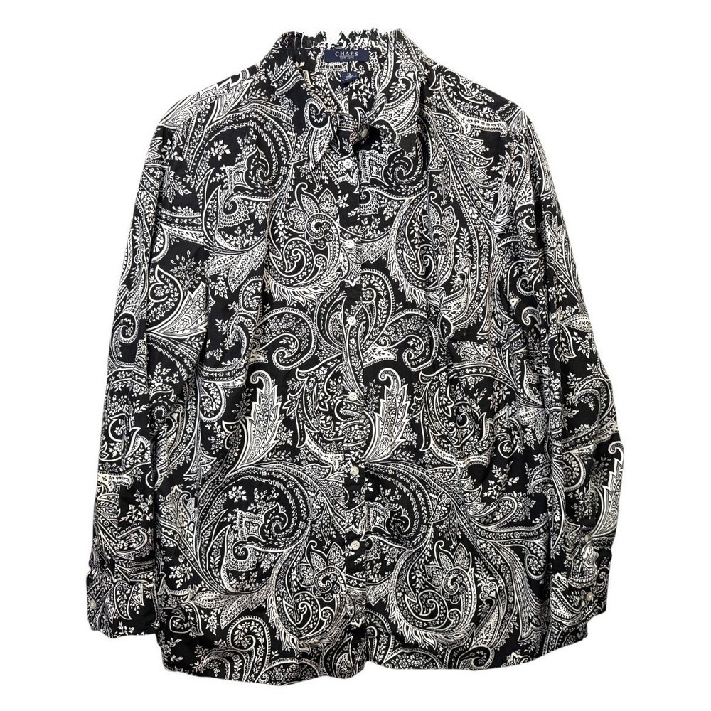 Chaps Women's Plus 1X Black White Paisley Cotton Collared Button Top Blouse Top